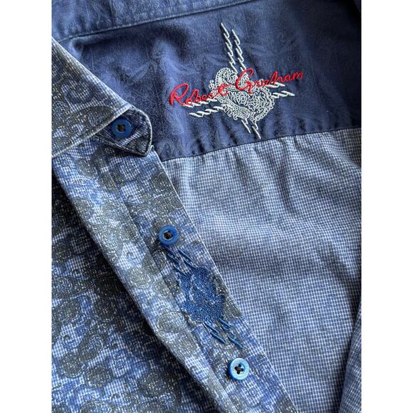 Robert Graham Men’s Medium Blue Abstract Print Short Sleeve Button Down Shirt - Picture 6 of 7